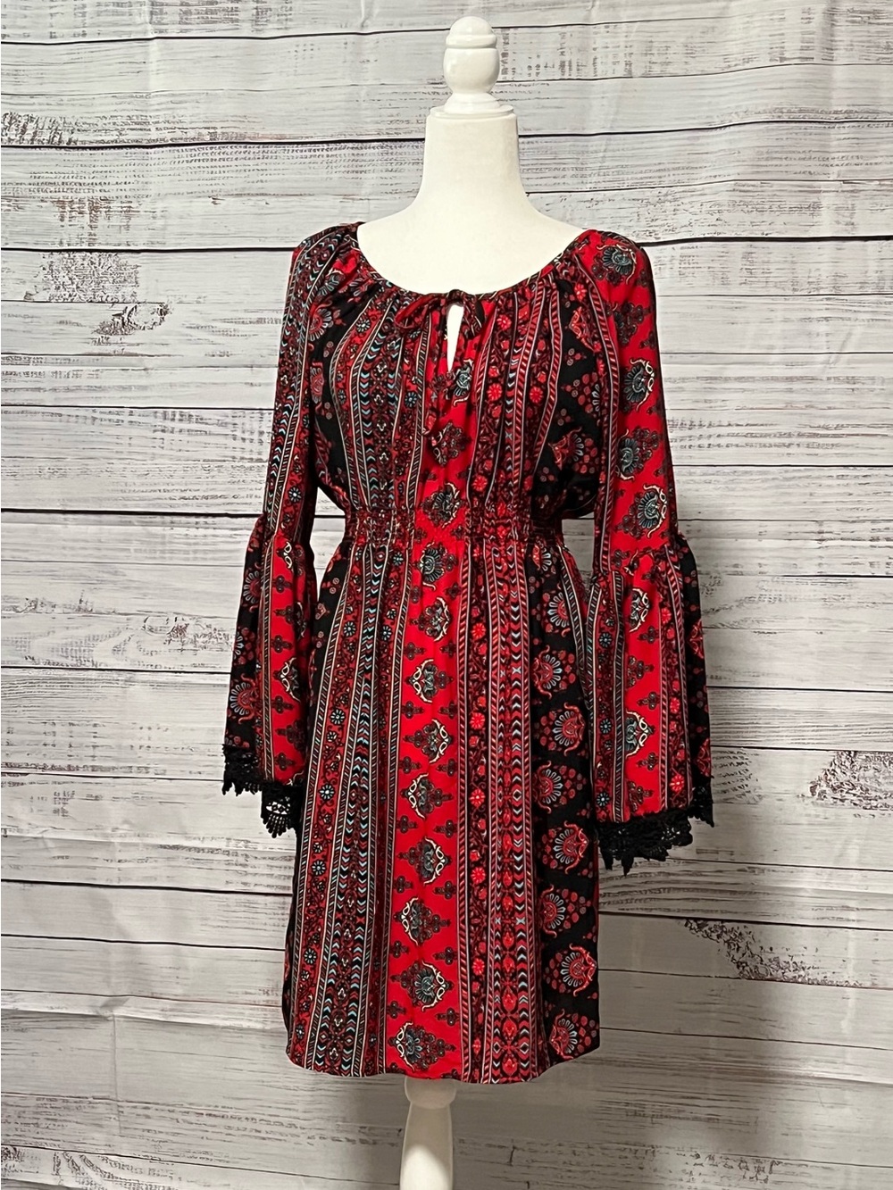 VENUS Red and Black Printed Boho Long-Sleeve Dress